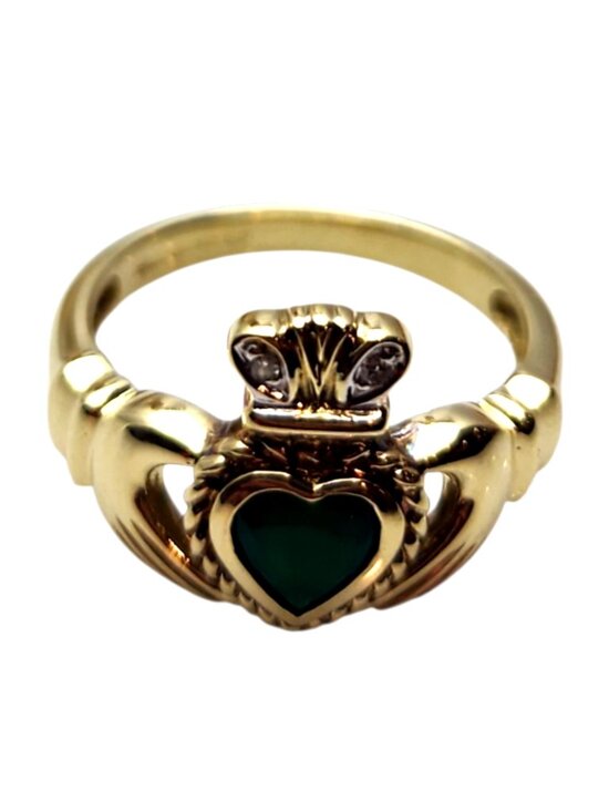 estate Jewelry - 14K Yellow Gold Green Stone Diamond Heart Claddagh Ring Size 6#25841